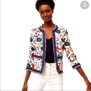 LOFT Floral/Strawberry Print & Embroidered Jacket With Fringe Trim